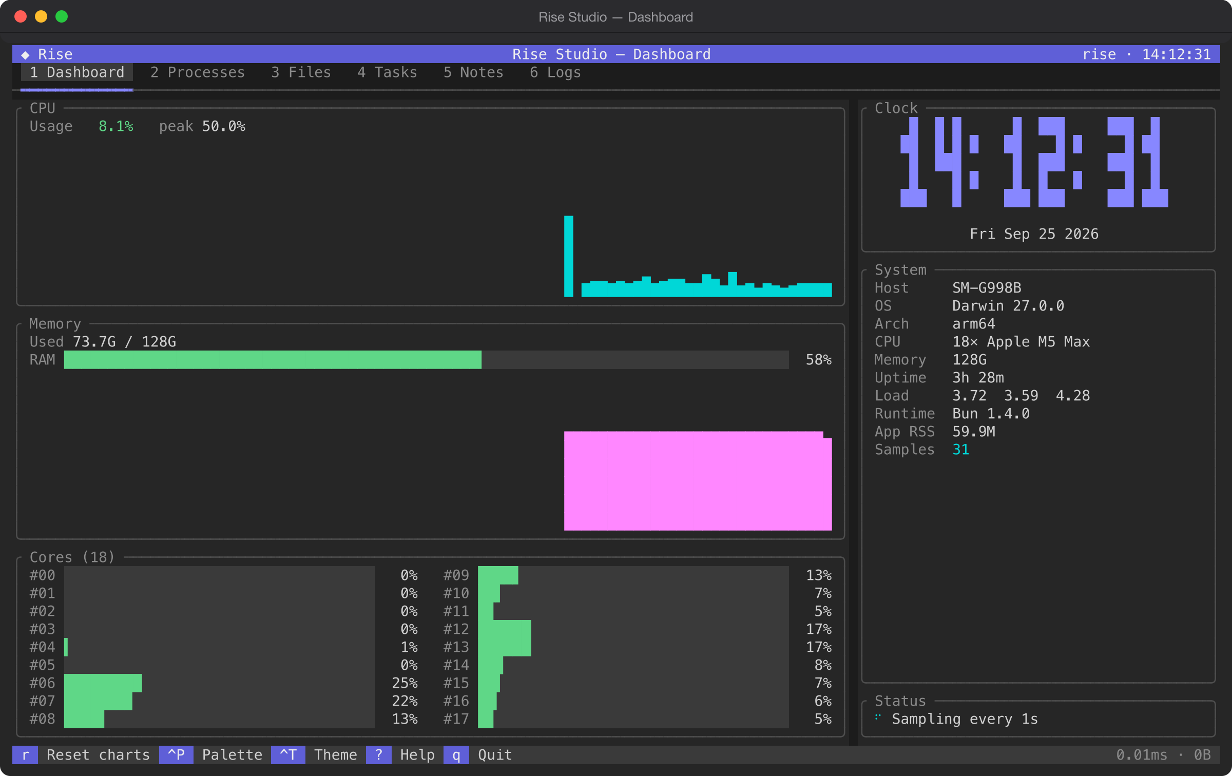 Rise Studio's dashboard: live CPU sparkline with 30 seconds of history, memory gauge and chart, 18 per-core load bars, a large block-digit clock and a system info panel