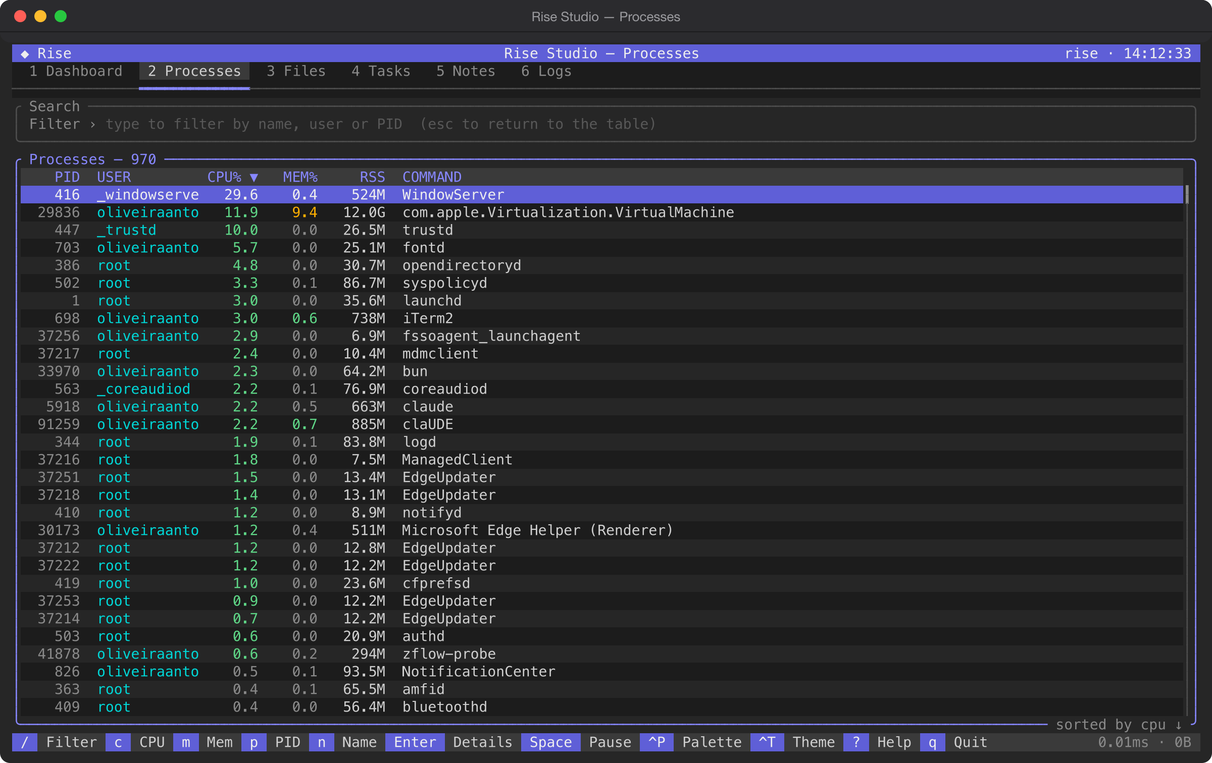 The Processes screen: 951 live processes sorted by CPU, with a filter box above and heat-colored CPU and memory columns