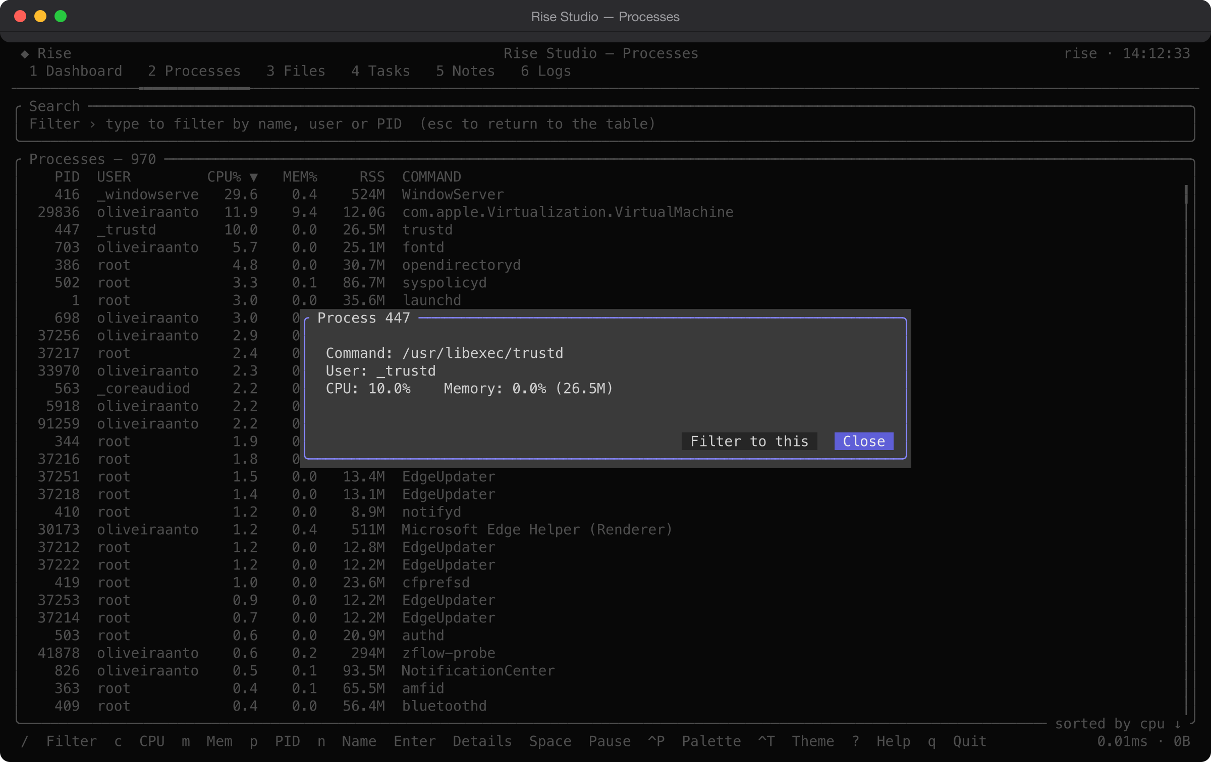 A process-details dialog over the dimmed Processes screen, showing the full command path, user, CPU and memory, with 