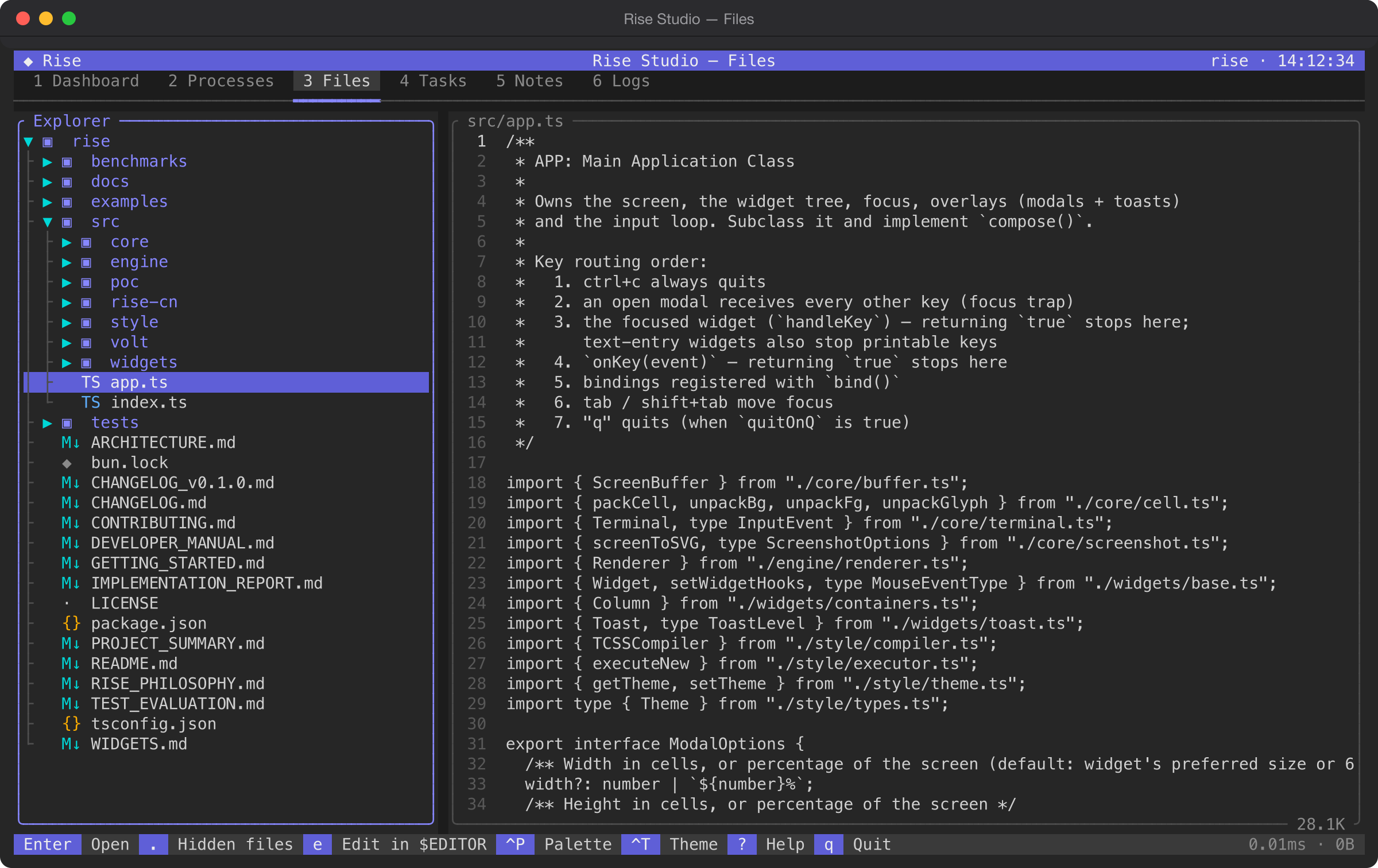 The Files screen: a tree explorer with colored file-type icons and indent guides, and src/app.ts previewed with line numbers