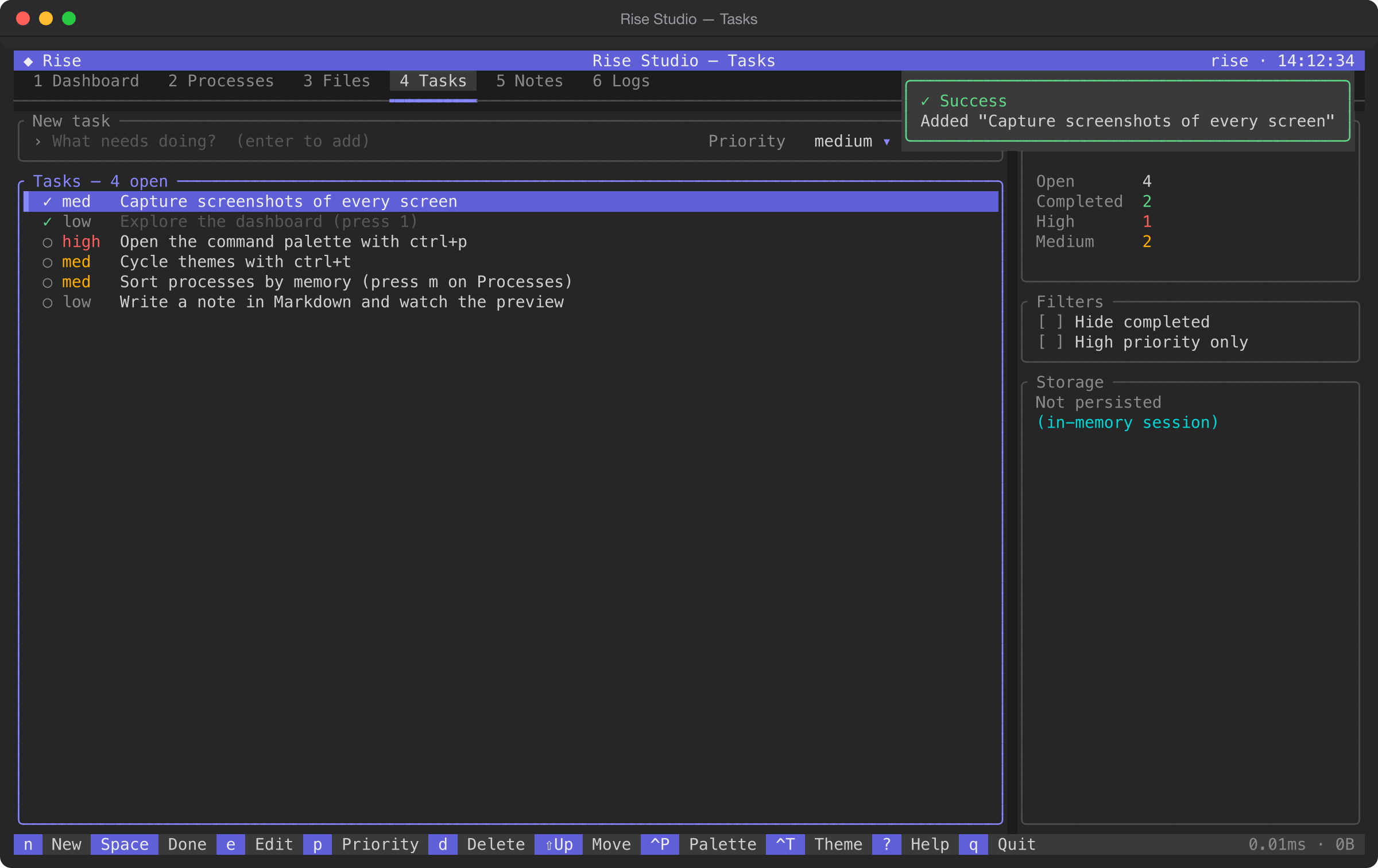 The Tasks screen: a new-task form with priority selector, six tasks with colored priority tags (two completed), progress stats, filters and a success toast