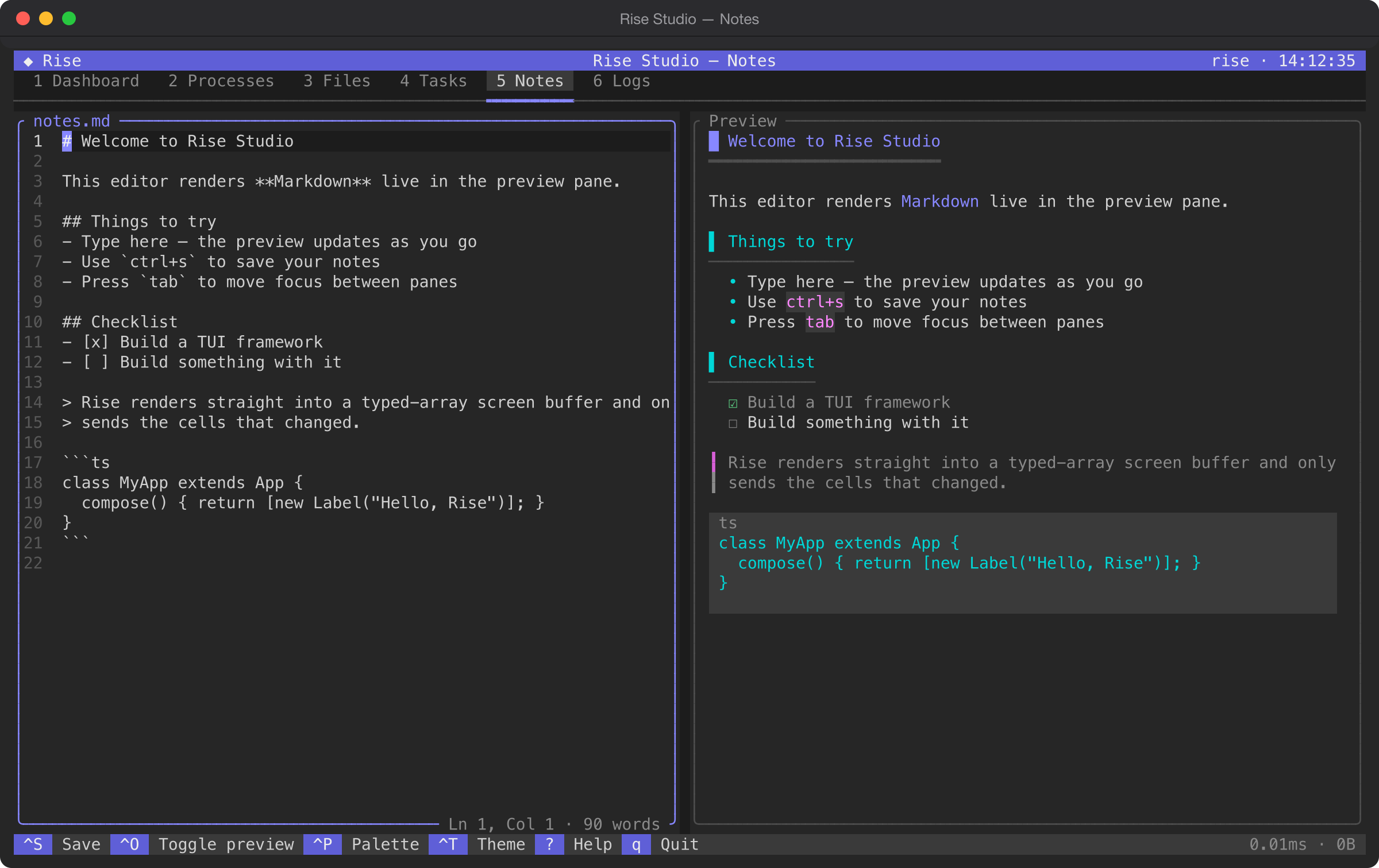 The Notes screen: a Markdown source editor with line numbers on the left and a live rendered preview on the right, with headings, bullets, a checklist, a blockquote and a code block