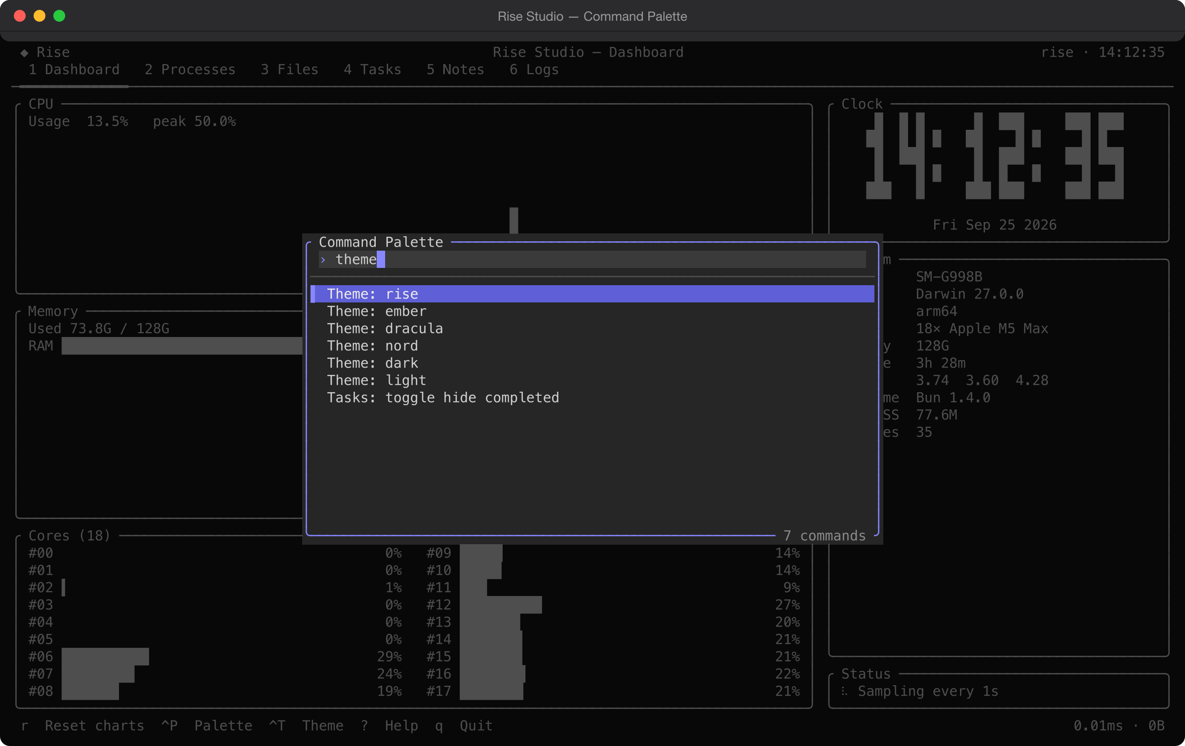 The command palette over a dimmed dashboard, fuzzy-filtering 