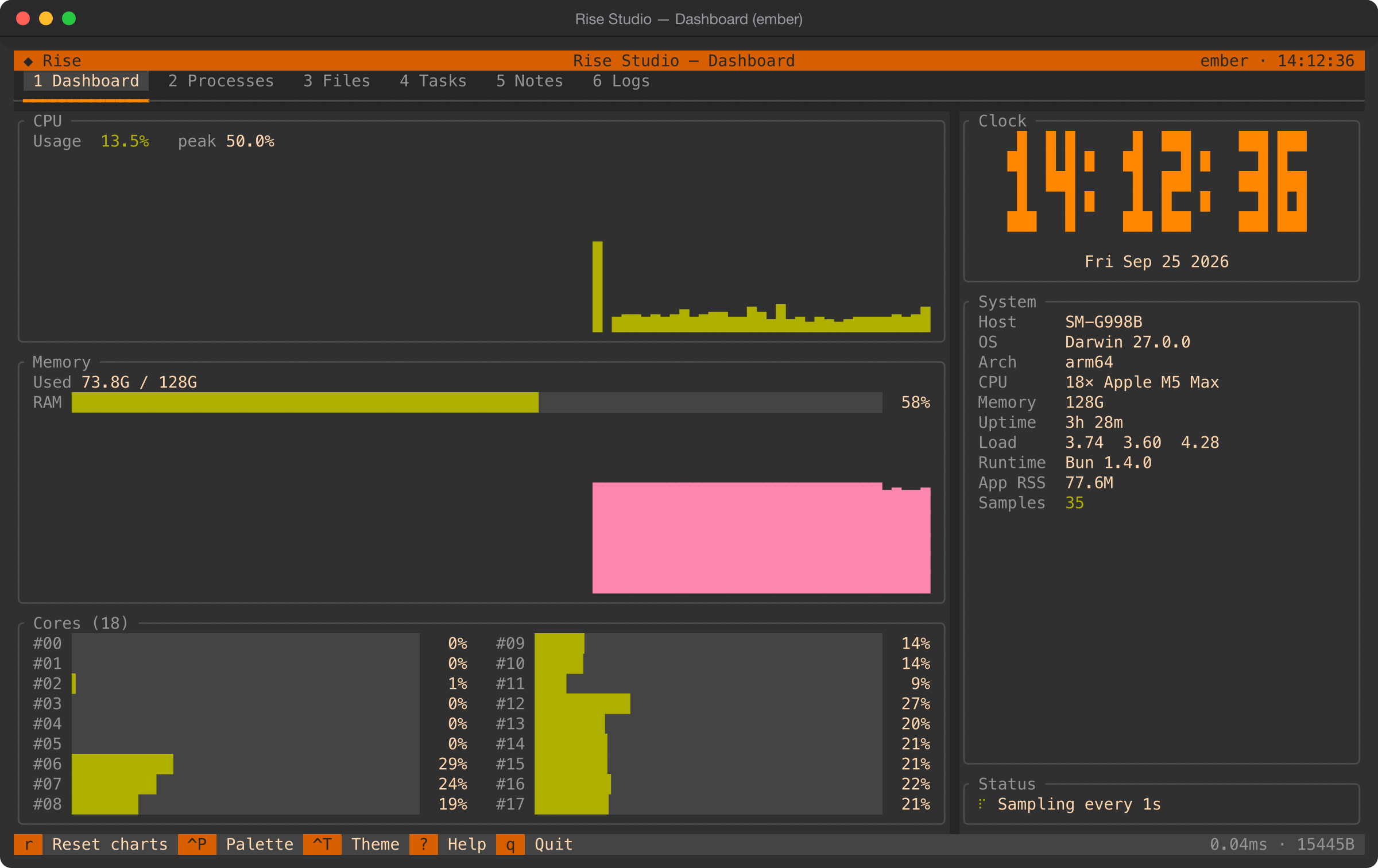 Rise Studio's dashboard in the warm Ember theme