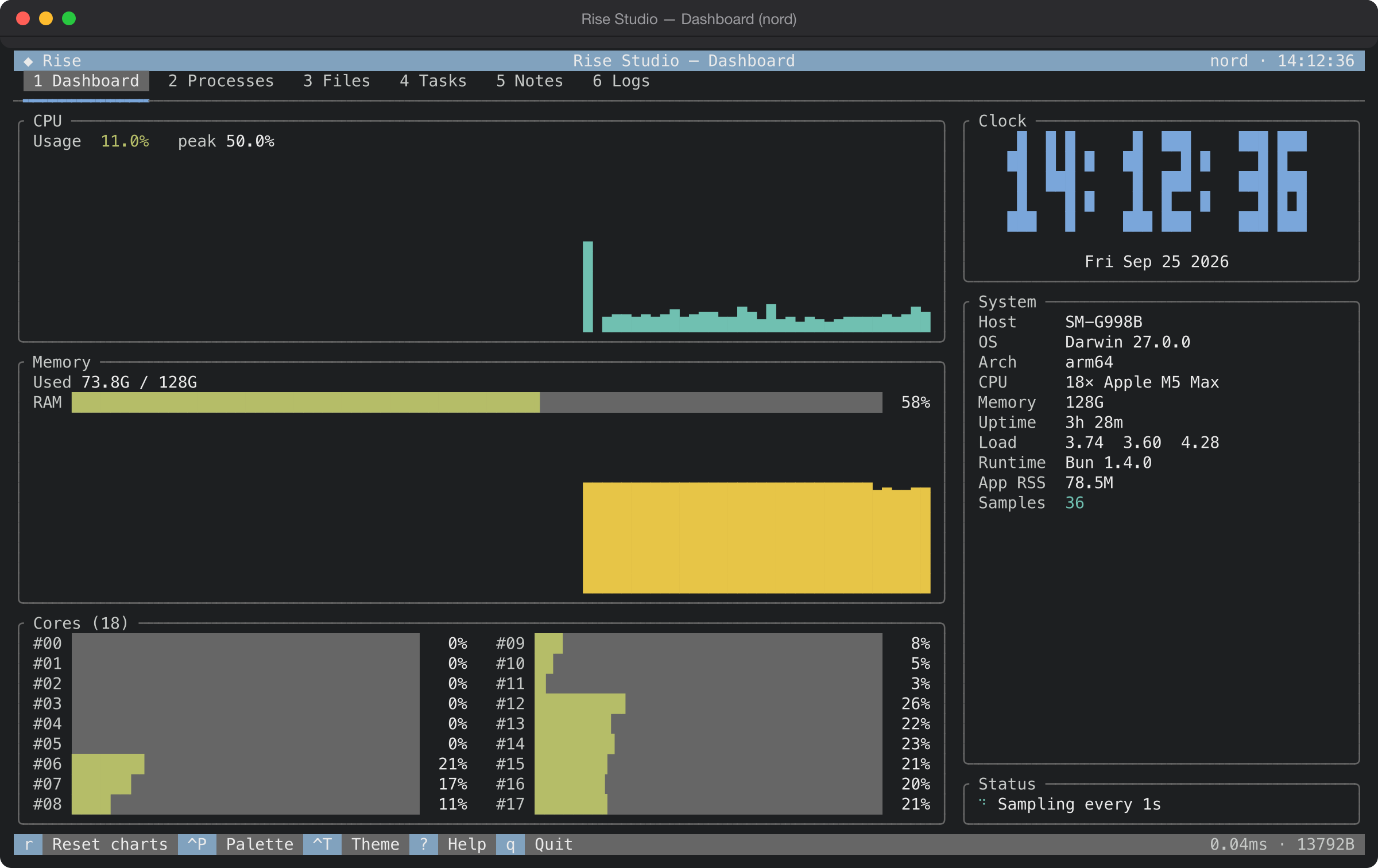 Rise Studio's dashboard in the Nord theme