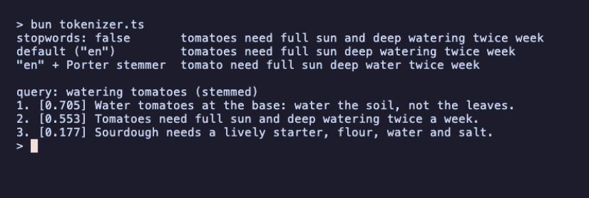 bun tokenizer.ts: with stopwords off the tokens include 