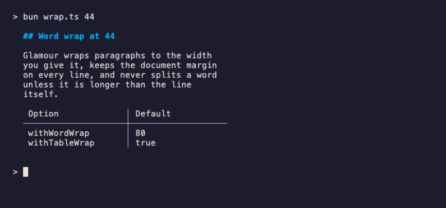 Rendered at 44 columns: the paragraph wrapped into five indented lines, followed by a two-column table sized to fit