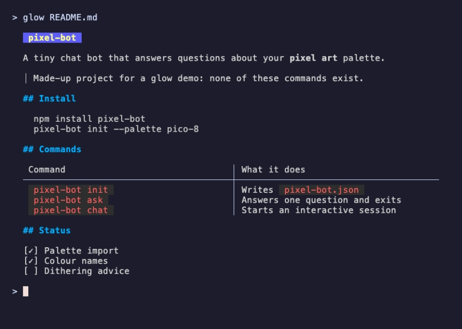 glow README.md: the pixel-bot README with a highlighted title, a blockquote, an install code block, a three-row command table with column dividers, and a task list with two checked items