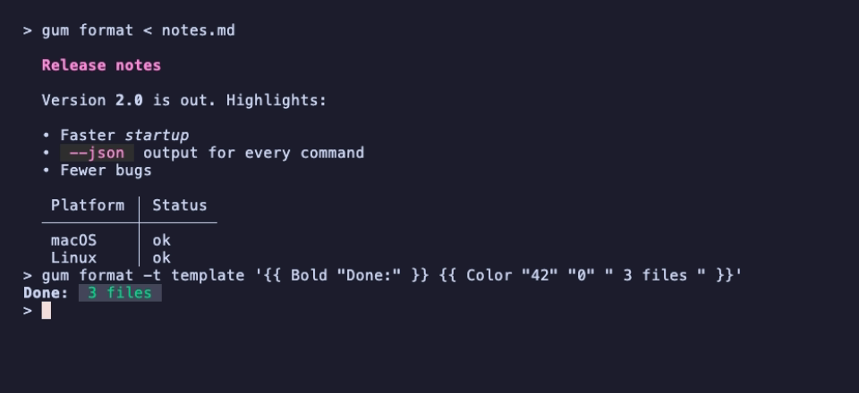 gum format renders notes.md with a pink heading, bold and italic text, inline code, a bullet list and a table; then gum format -t template prints a bold 