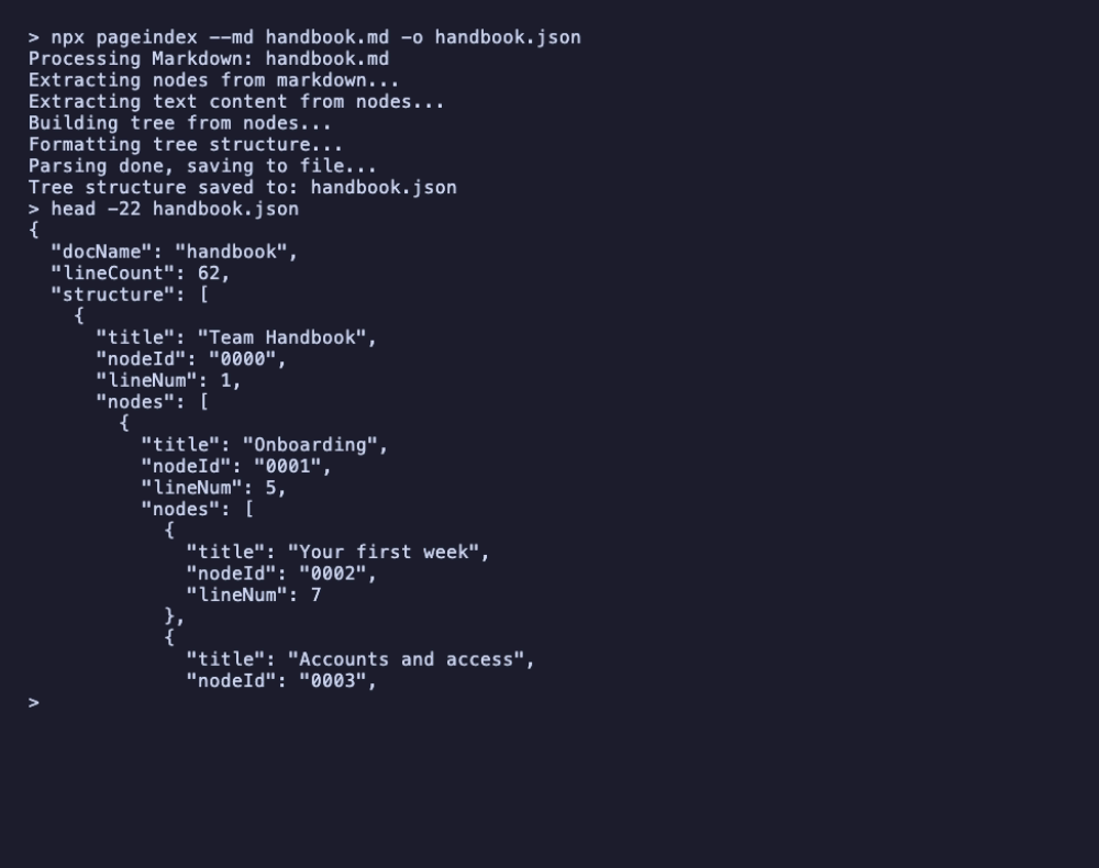 npx pageindex --md handbook.md -o handbook.json prints its progress and 
