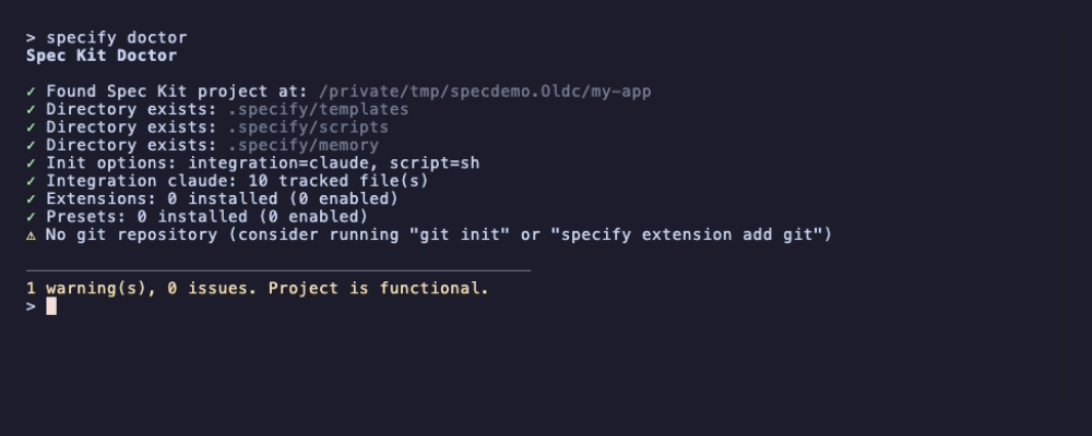 specify doctor: checks that the project, the templates, scripts and memory directories, the init options and the claude integration's 10 tracked files are present, with one warning that there is no git repository, ending