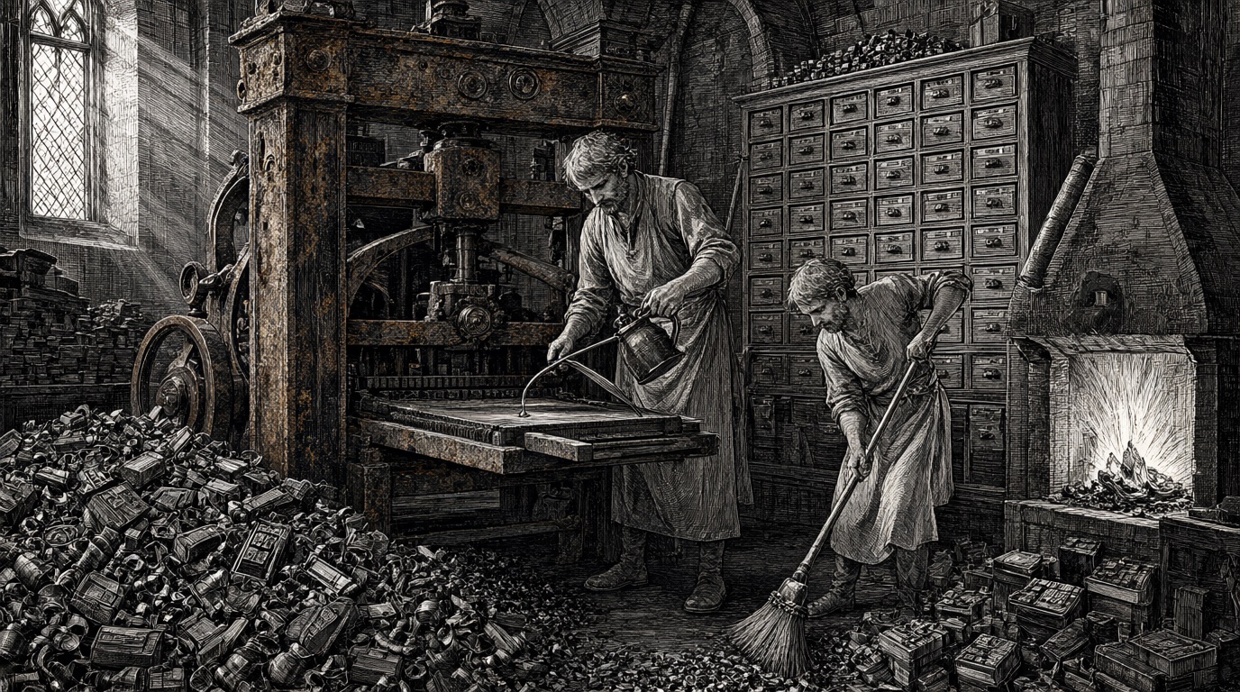 A rusted press restored with one drop of oil, while duplicate type blocks go to the furnace and a cabinet keeps one of each