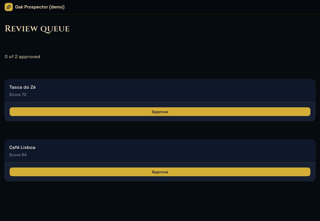 The Oak Prospector review queue rendered from app.oak.json: a Cinzel heading, 