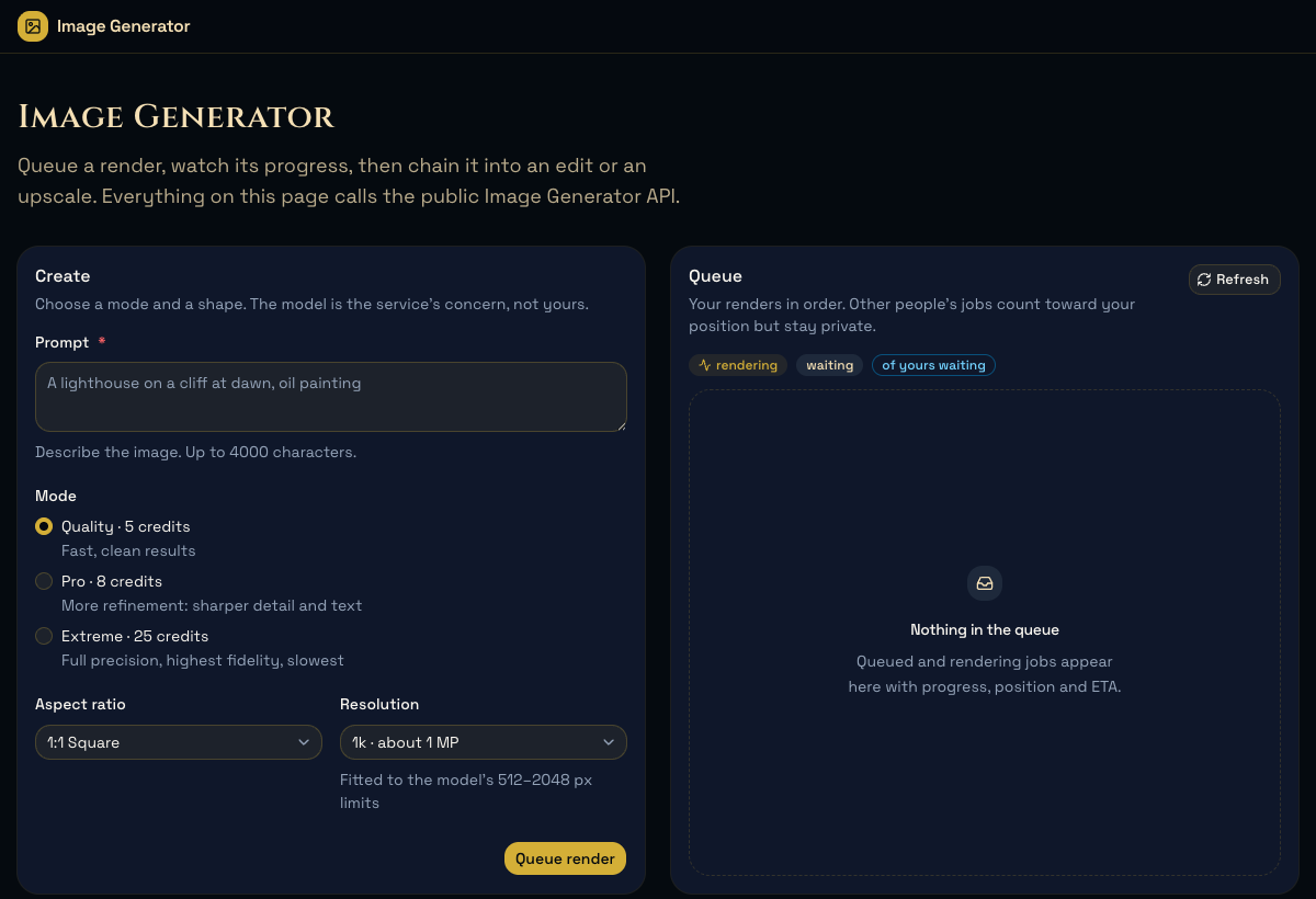 image-generator in production, an app.oak.json vibe: a create form with modes and credit costs on the left, and the job queue on the right