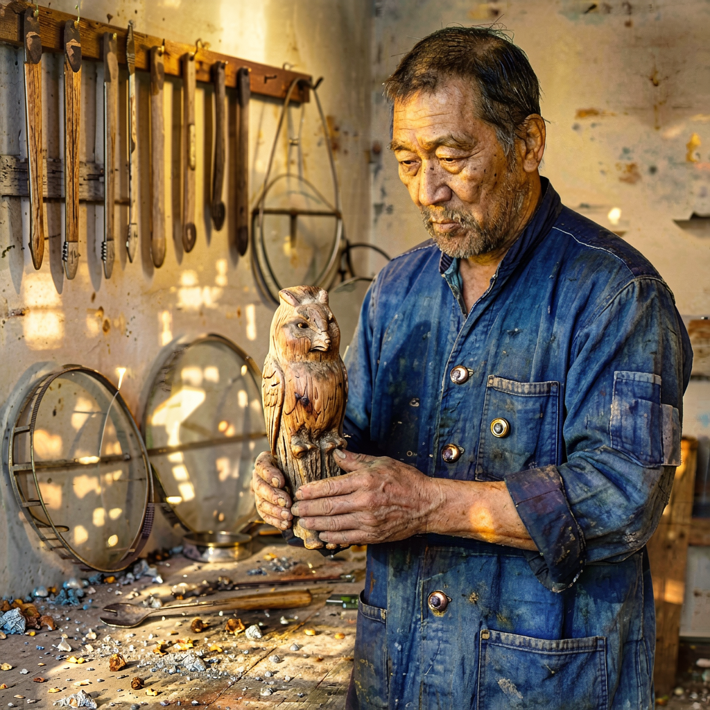ERNIE-Image-Turbo via ernie-mlx — elderly Japanese woodcarver holding a half-finished wooden owl in a sunlit workshop, navy indigo apron with brass buttons, row of antique chisels behind him