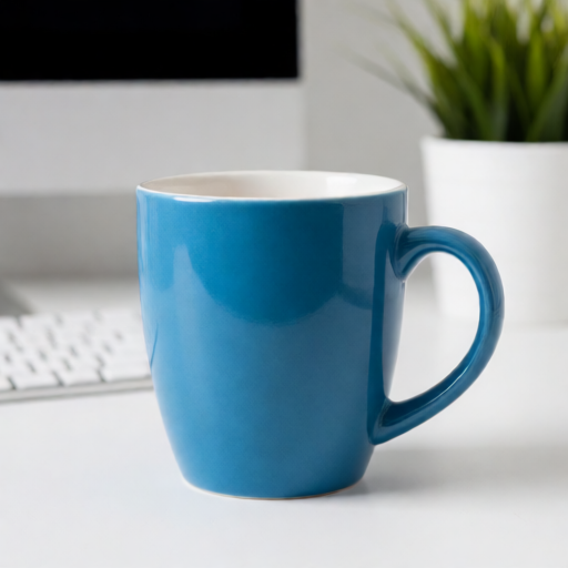 Krea-2-Turbo generated by zml-flow-rs — a blue ceramic mug on a white desk, keyboard and plant in the background. Bit-identical to the MLX reference rgb8 output.
