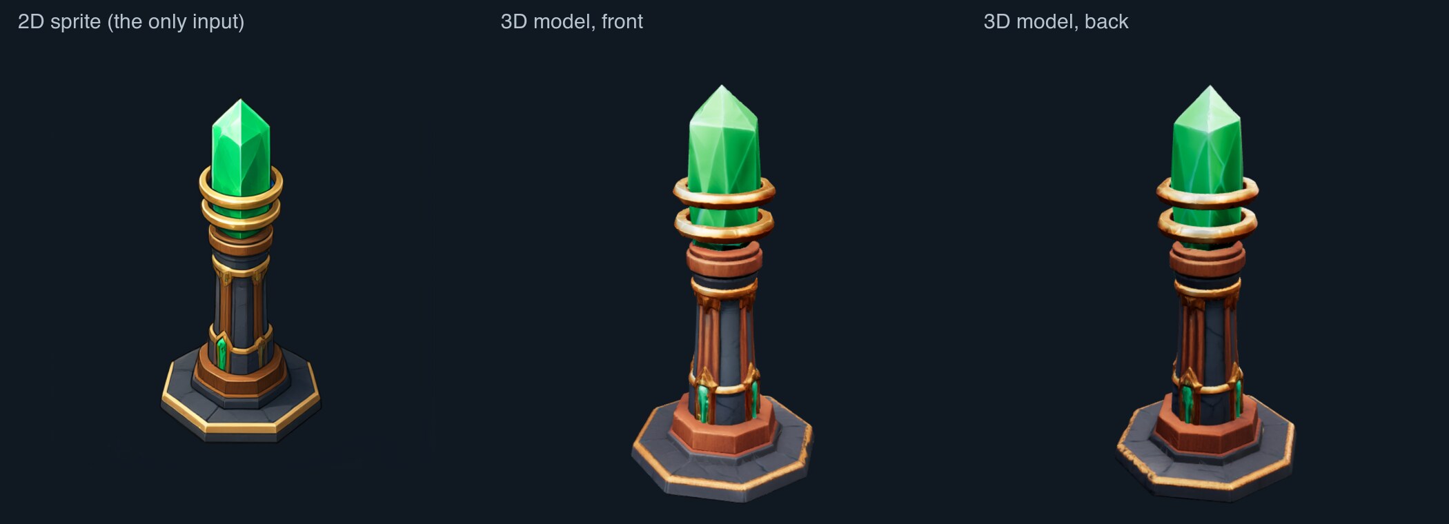 A 2D sprite of an amplifier crystal on a column; on the right, the generated 3D model from two sides.