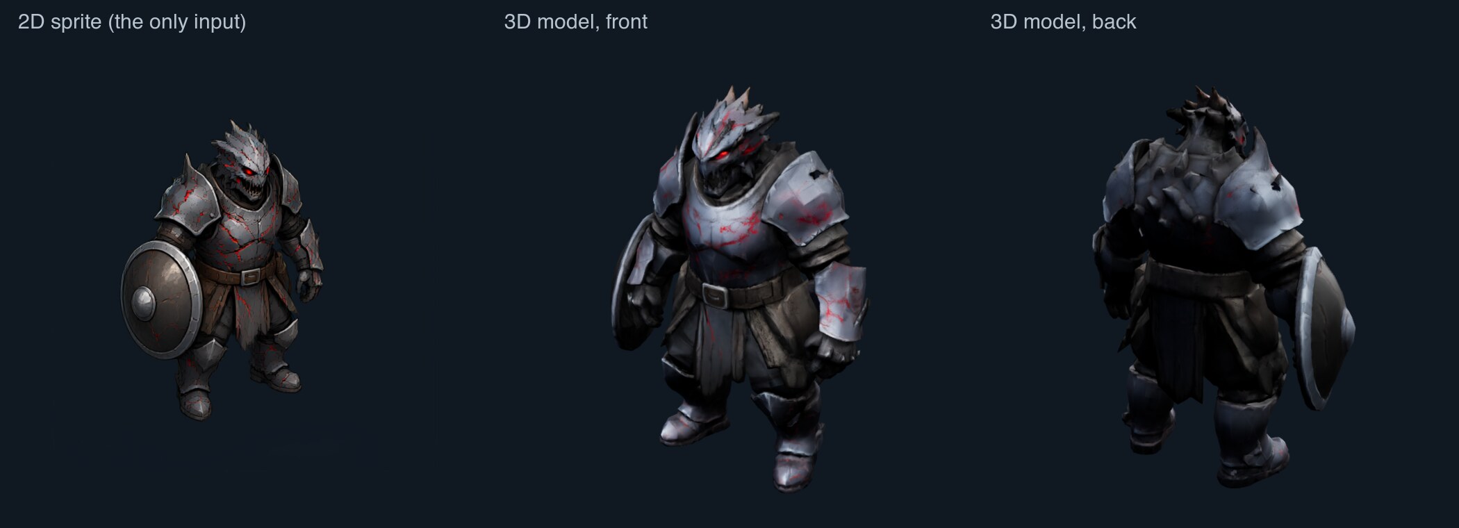 A 2D sprite of an armoured grunt; on the right, the generated 3D model from the front and from the back.