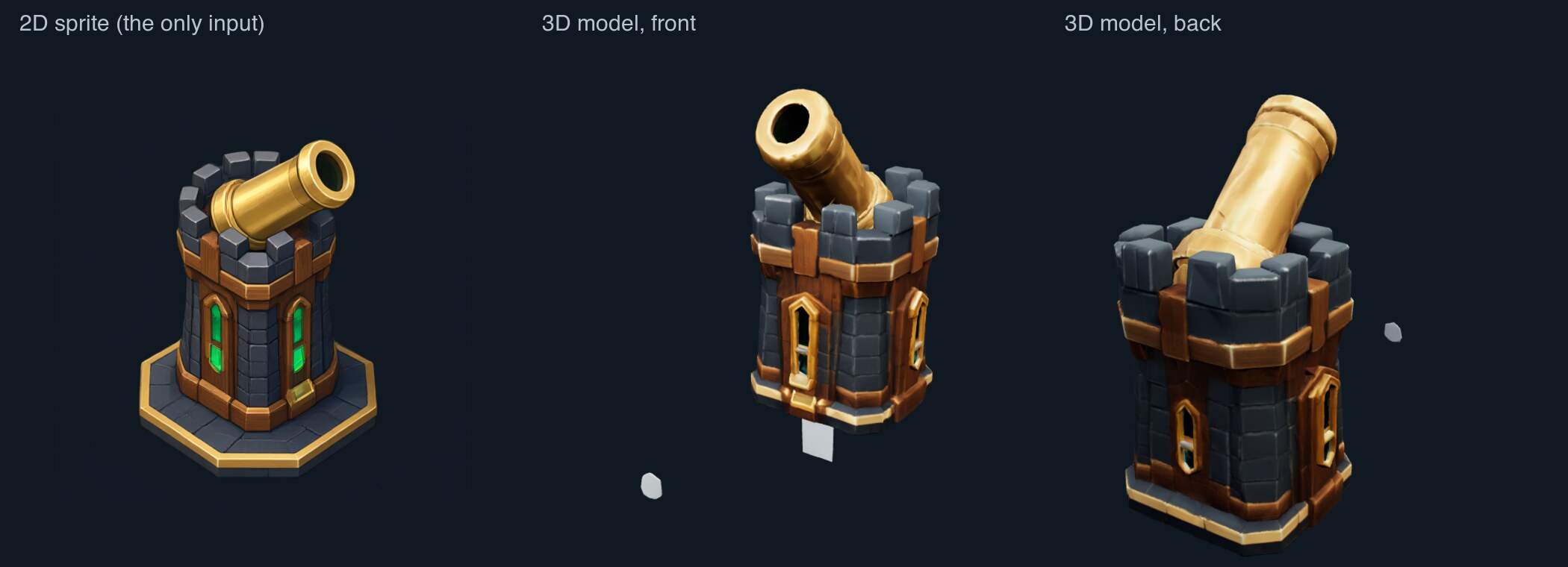 A 2D sprite of a siege cannon tower on the left; on the right, the generated 3D model seen from the front and from the back.