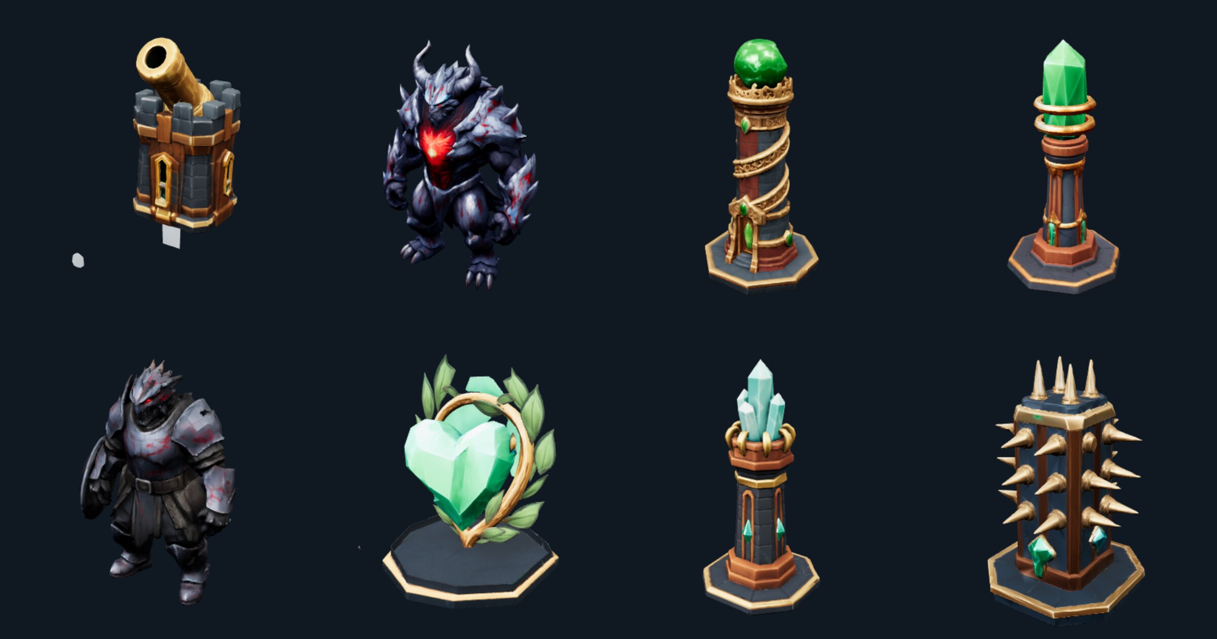 Eight 3D models generated by the Rust backend: a cannon tower, a boss creature, a tesla coil, an amplifier crystal, an armoured grunt, an emerald core, a frost tower and a spiked wall.