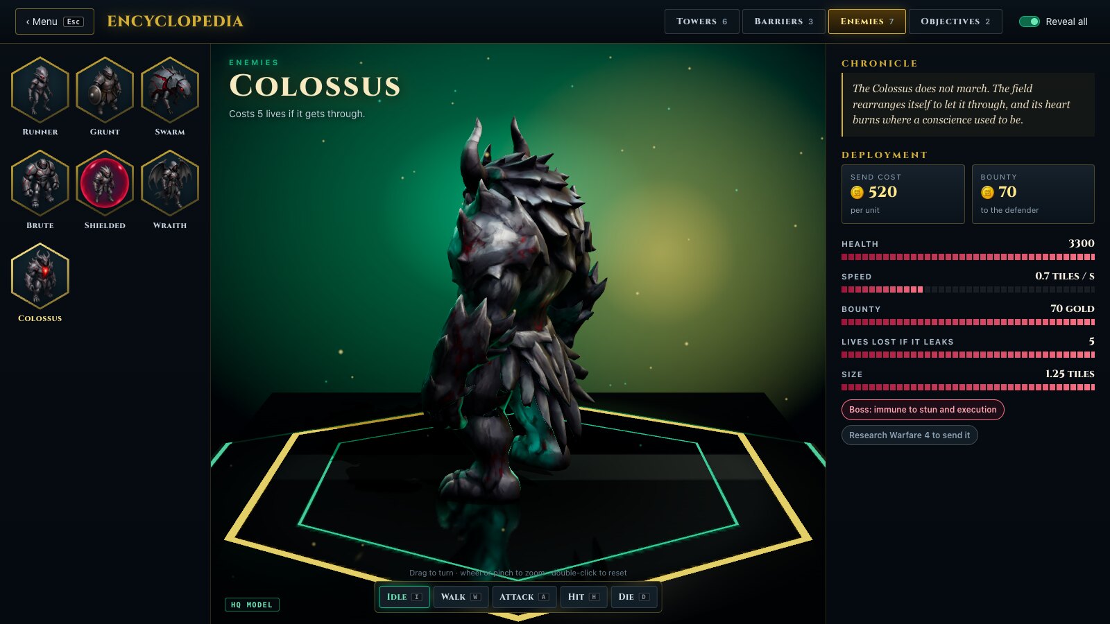 The Mazefront in-game encyclopedia showing the Colossus boss as a 3D model on a hexagonal pedestal, with its health, speed and bounty on the right.