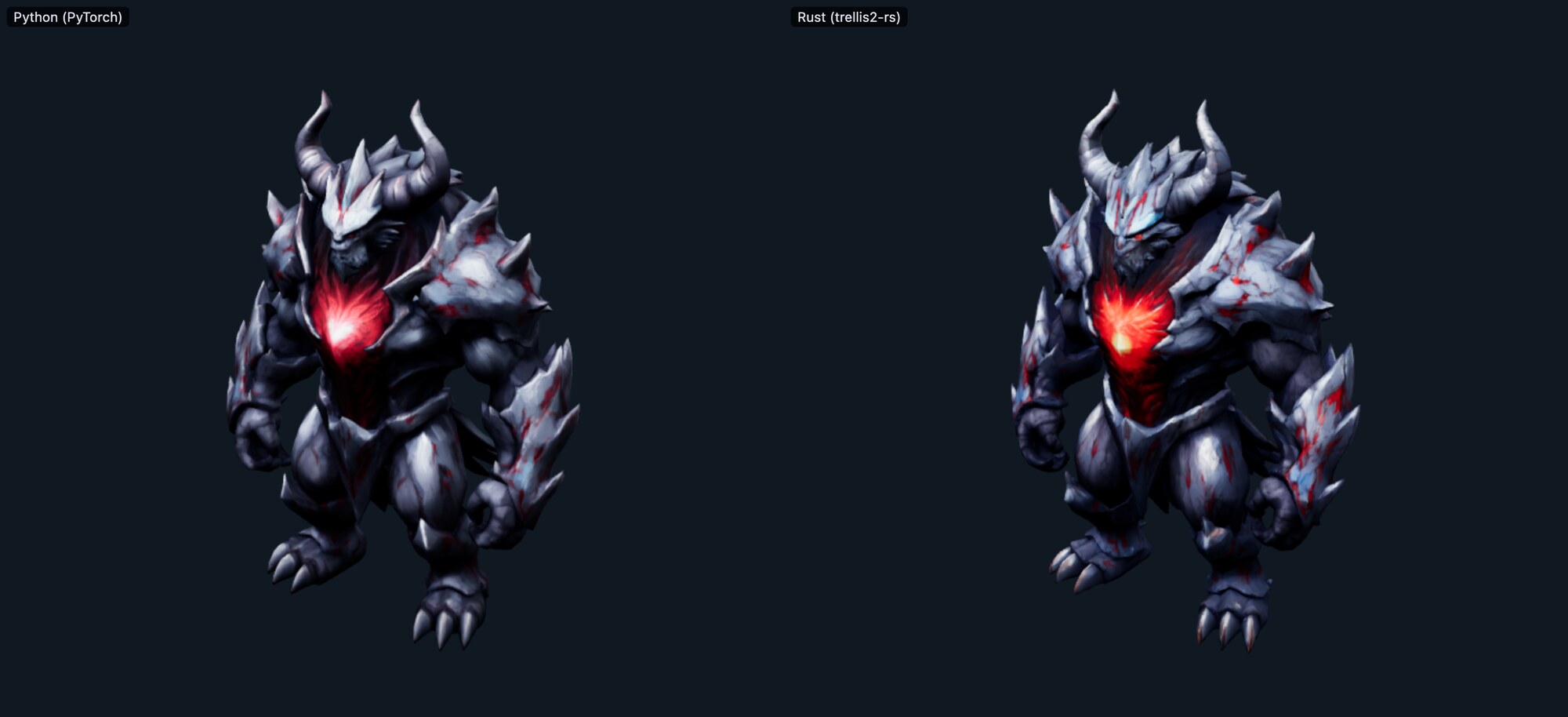 The boss creature generated by PyTorch on the left and by the Rust backend on the right.