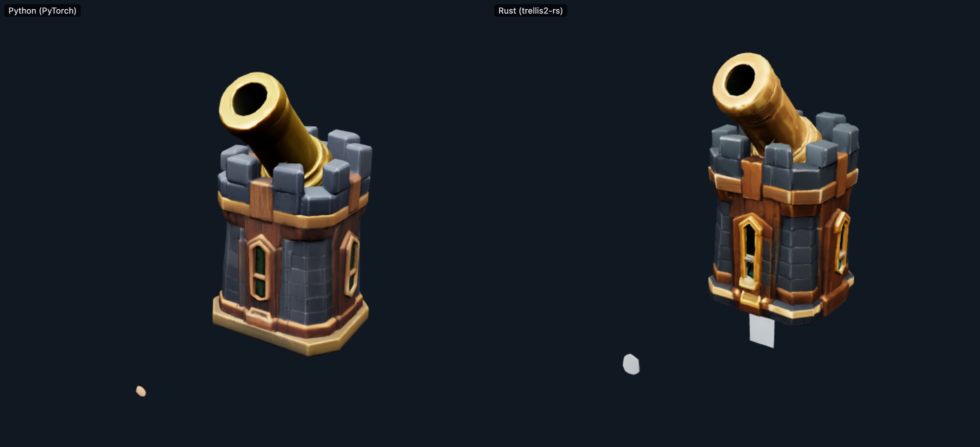 The same cannon tower generated twice from the same sprite and seed: by PyTorch on the left and by the Rust backend on the right. Same design, small differences in proportions and detail.