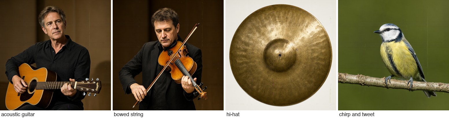 Sounds as the only prompt: acoustic guitar, bowed string instrument, hi-hat, bird chirp