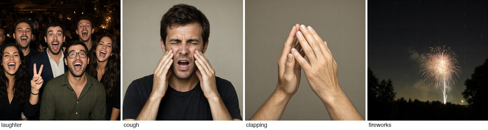 Sounds as the only prompt: laughter, cough, clapping, fireworks