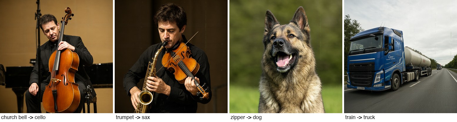 Near misses: a church bell becomes a cello, a trumpet a saxophone, a zipper a dog, a train a truck