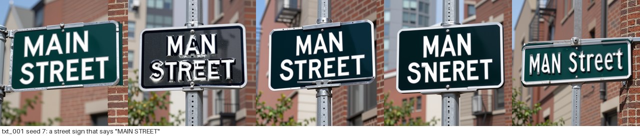 A street sign that says MAIN STREET: native Iris spells it; the adapters get MAN STREET and worse