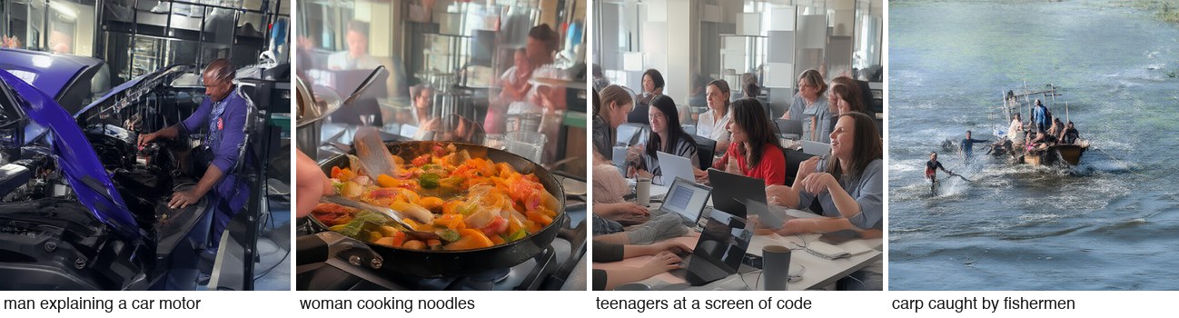Short videos as the only prompt: a man explaining a car motor, a woman cooking noodles, teenagers at a screen of code, carp caught by fishermen