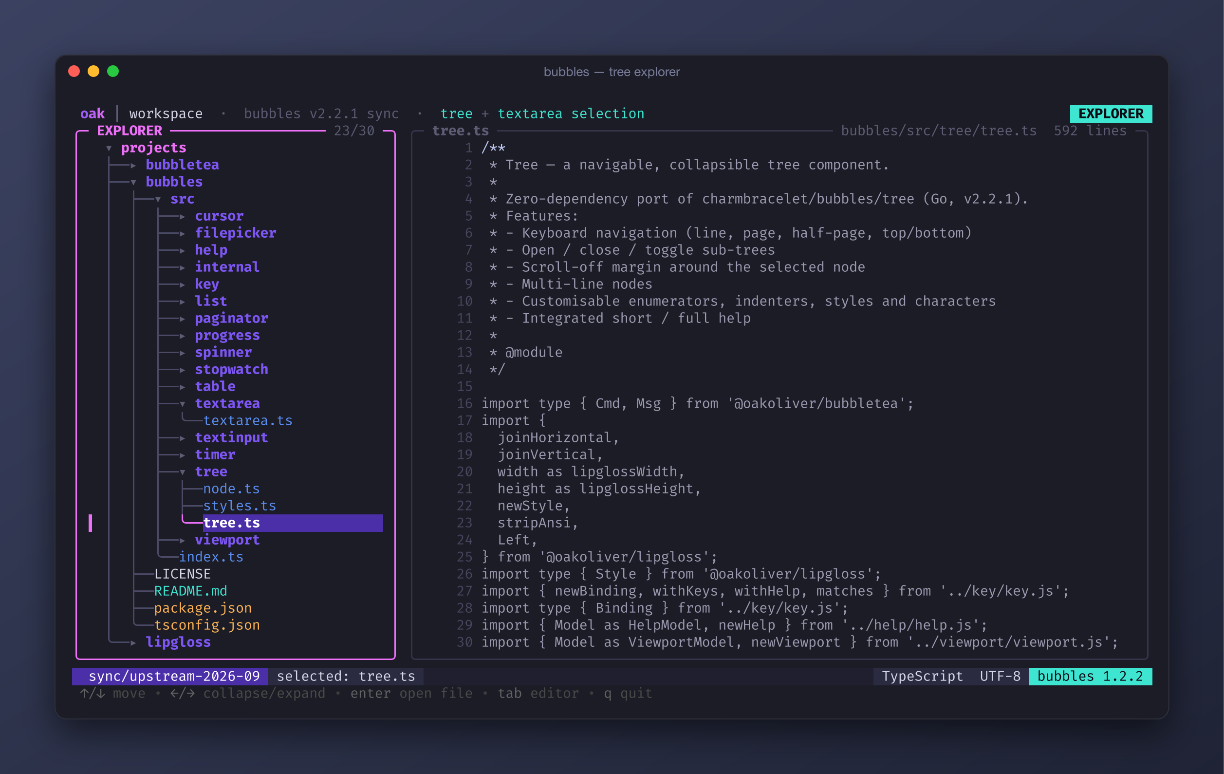 An IDE-style terminal app built on our Bubbles port: the new tree component browsing the real bubbletea, bubbles and lipgloss repos, with the tree component's own source open in the editor