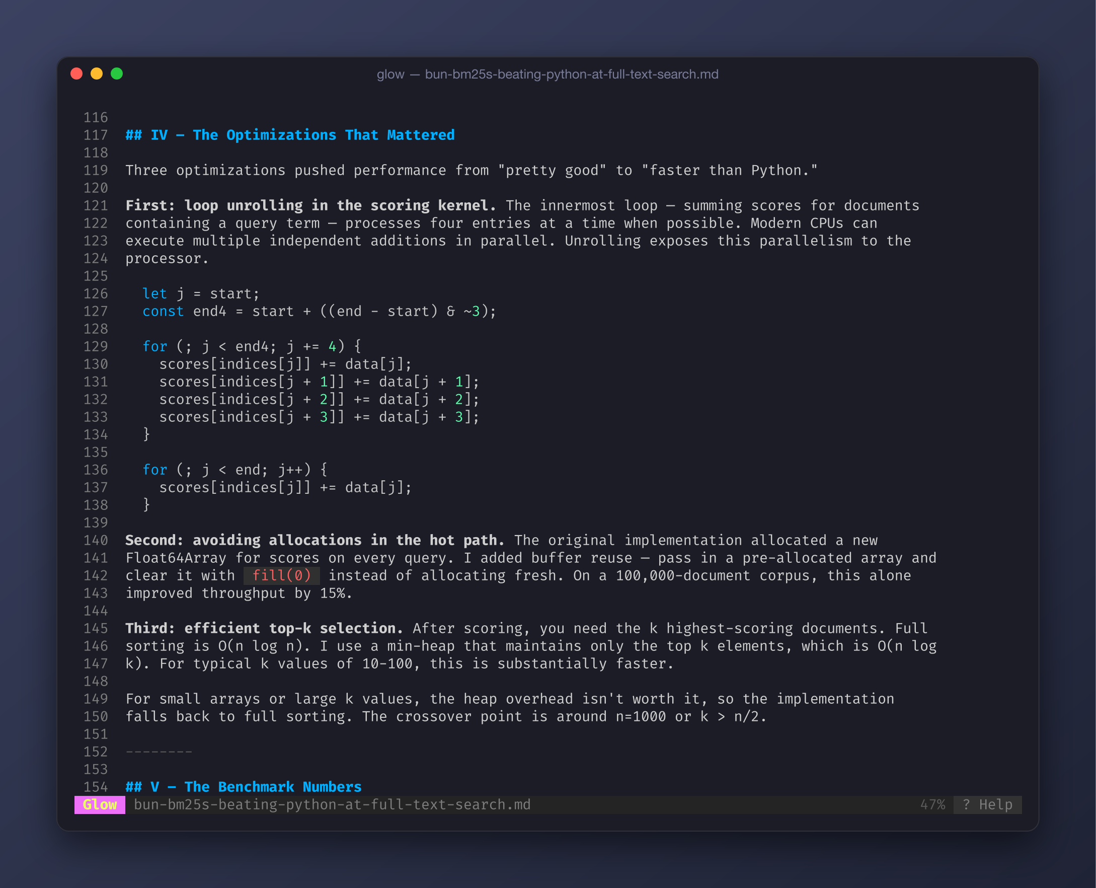 Glow's v3 pager with line numbers reading a real article, showing a syntax-highlighted TypeScript loop and the Glow status bar