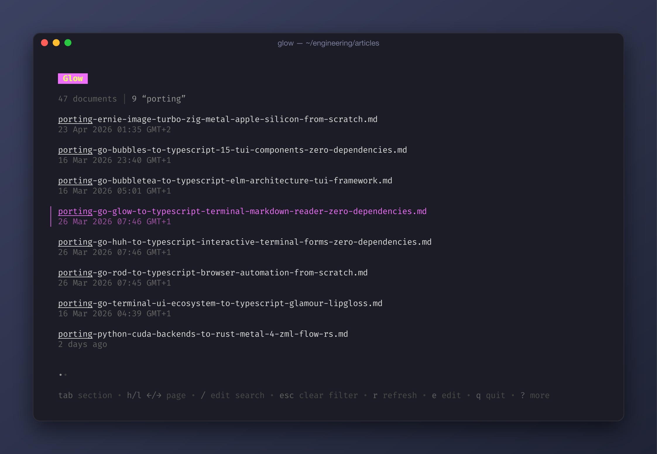 Glow's file list running on our port over the engineering articles folder: 47 documents, filtered to the nine 'porting' articles
