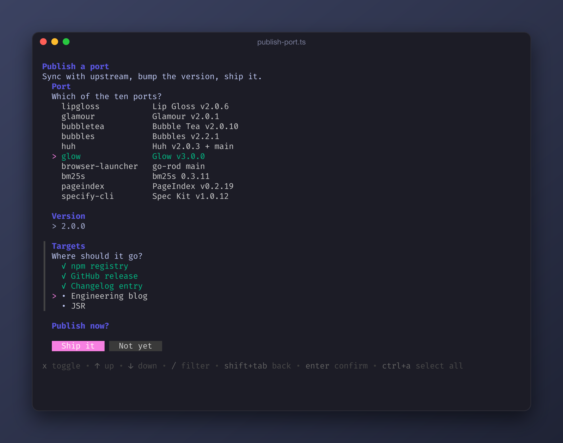 A 'Publish a port' form built with @oakoliver/huh in the Charm theme: a select of all ten ports, a version input, a multi-select of targets and a confirm, captured mid-interaction